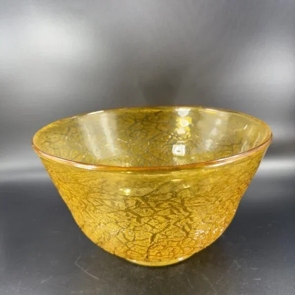 Studio Art Glass Large Bowl Dish Yellow Lava Texture HandBlown Glass Centerpiece